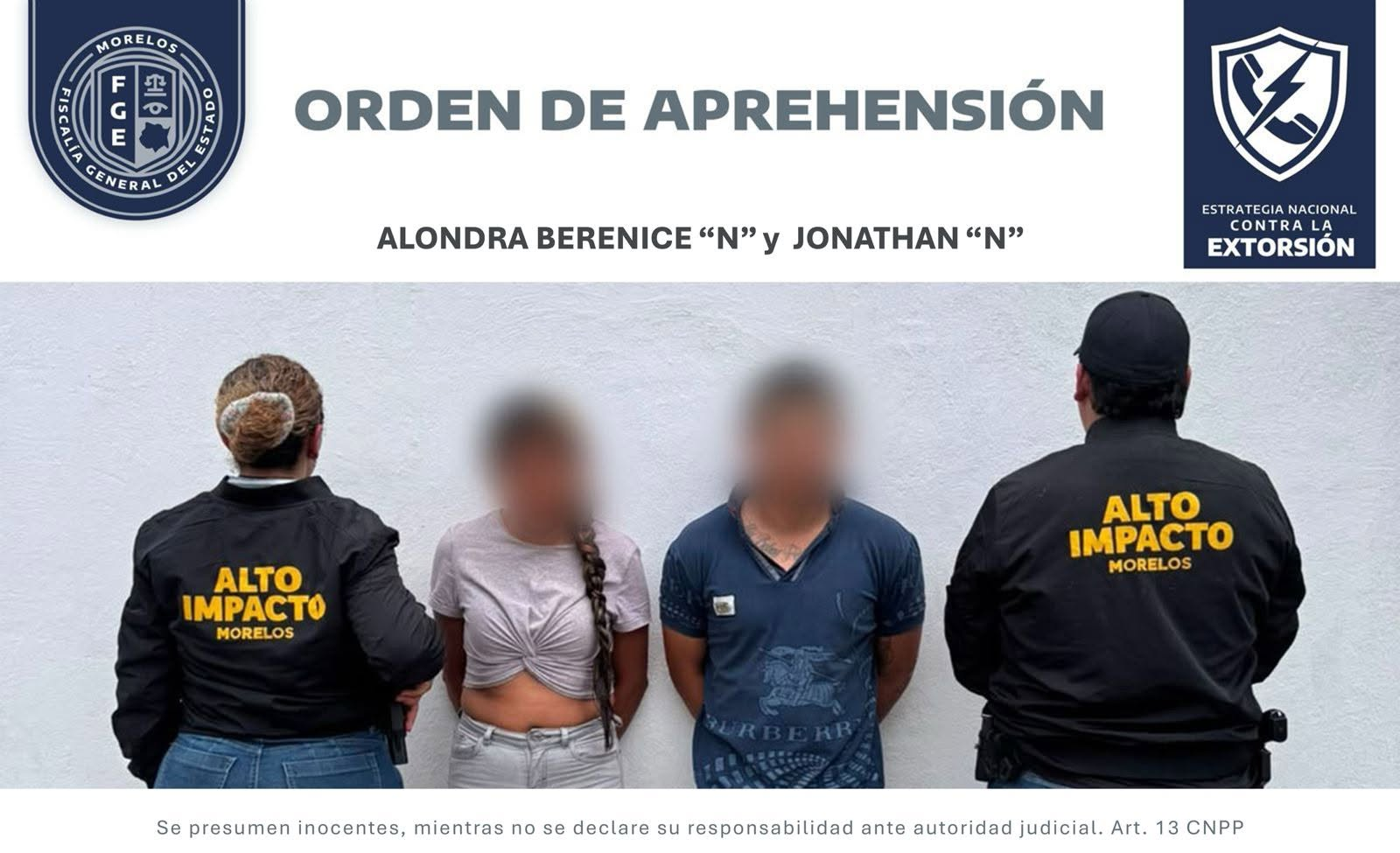 Detienen a dos personas por presunta extorsión agravada en Xochitepec; quedaron a disposición de un juez 33 La FIDAI ejecutó una orden de aprehensión contra Jonathan “N” y Alondra Berenice “N”, investigados por su probable participación en un caso de extorsión agravada en Xochitepec, Morelos.
